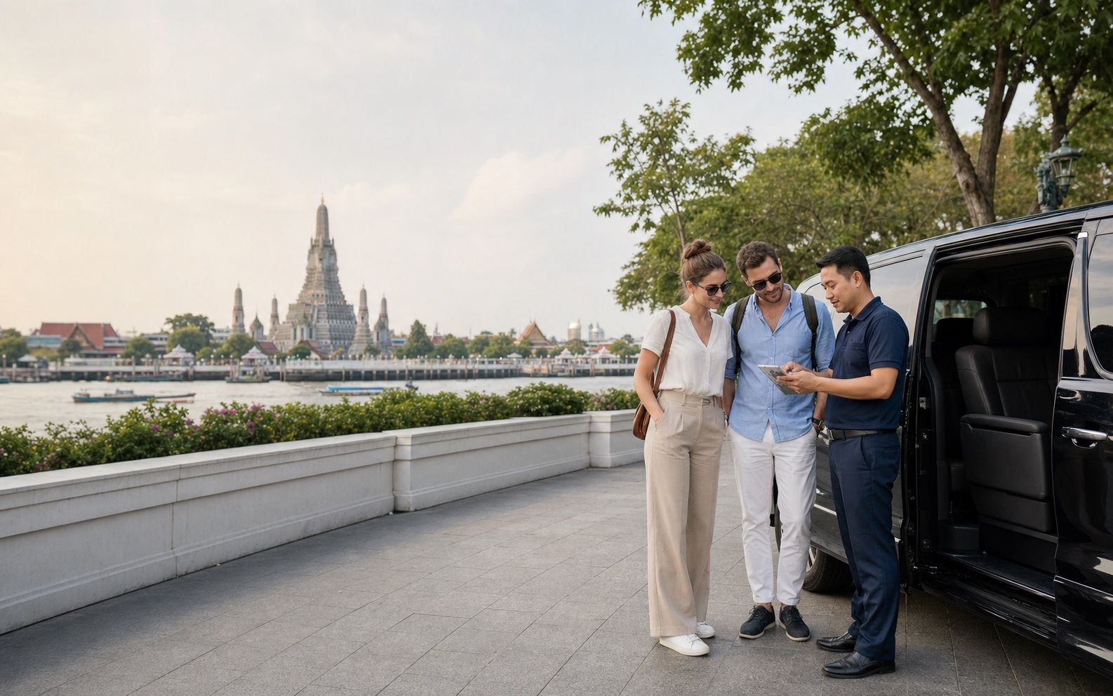 International travellers reviewing a private Bangkok sightseeing route with a Thai transportation coordinator beside a passenger van