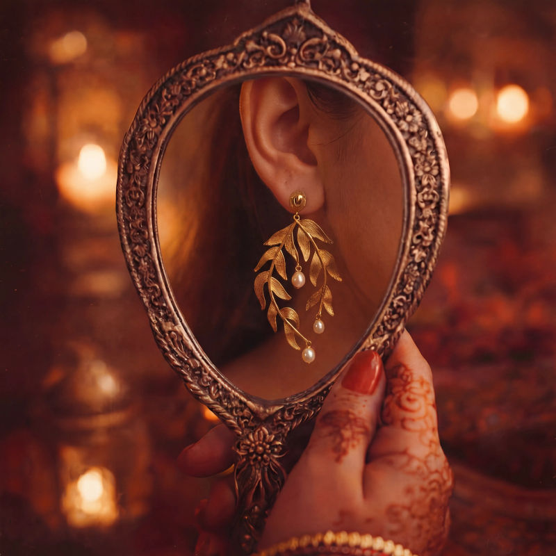 Jewelry editorial, earring mirror closeup