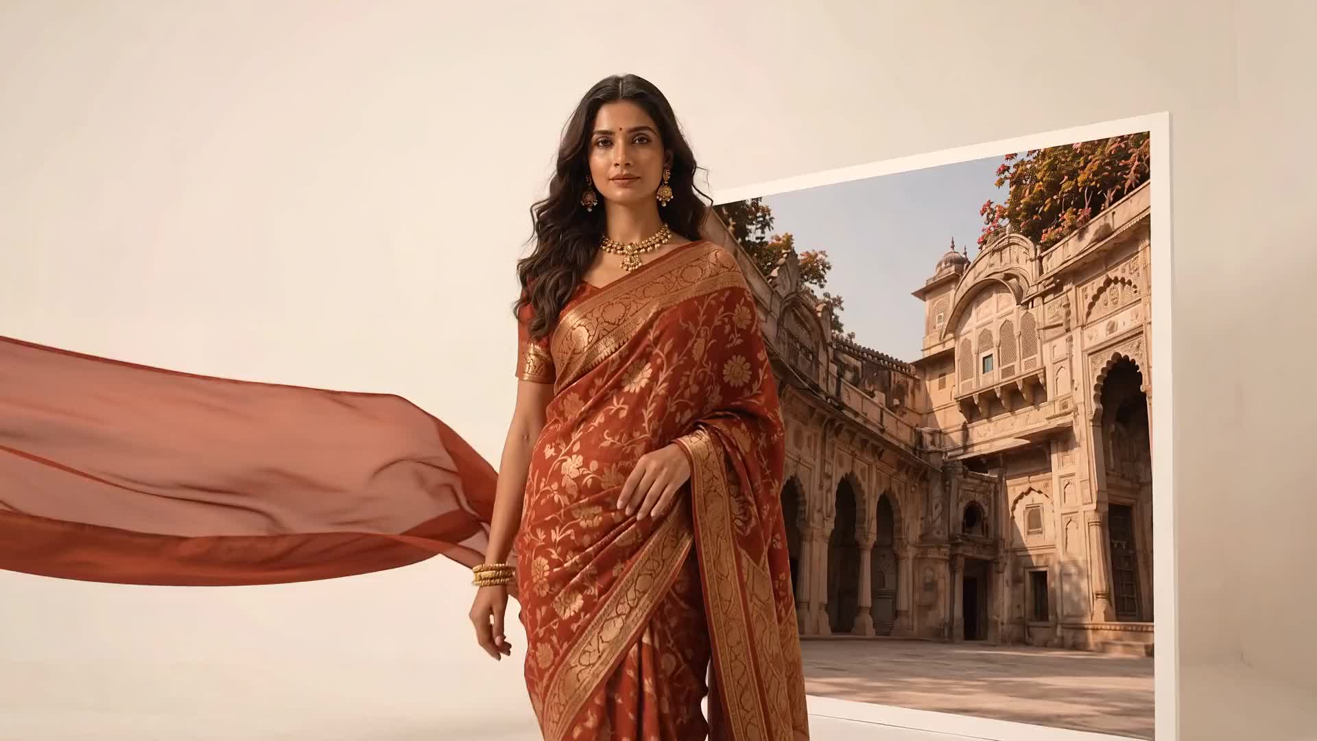 A model in a rust and gold saree stepping out of a framed photograph of a sandstone courtyard.