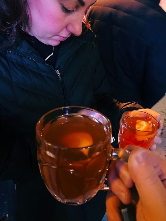 Dylan and I saying cheers to each other over hot spiked apple cider at one of the few bars that was open on Christmas eve. 