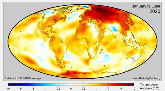 Global average temperature departures from average for January through June.