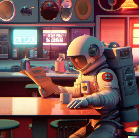 An astronaut ordering coffee at a 1960s diner, digital art. 