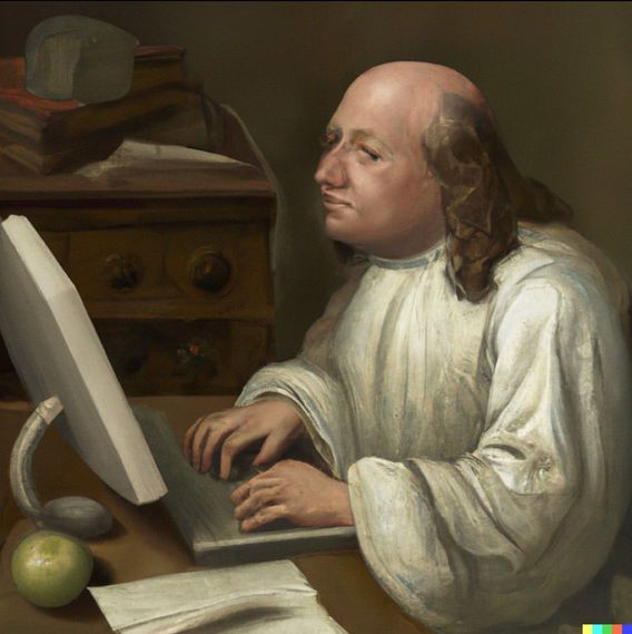 Benjamin Franklin using a Macintosh Computer, Renaissance painting. 