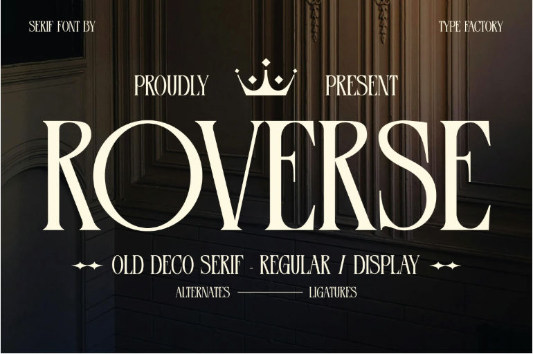 Our high contrast font with old deco style: Roverse