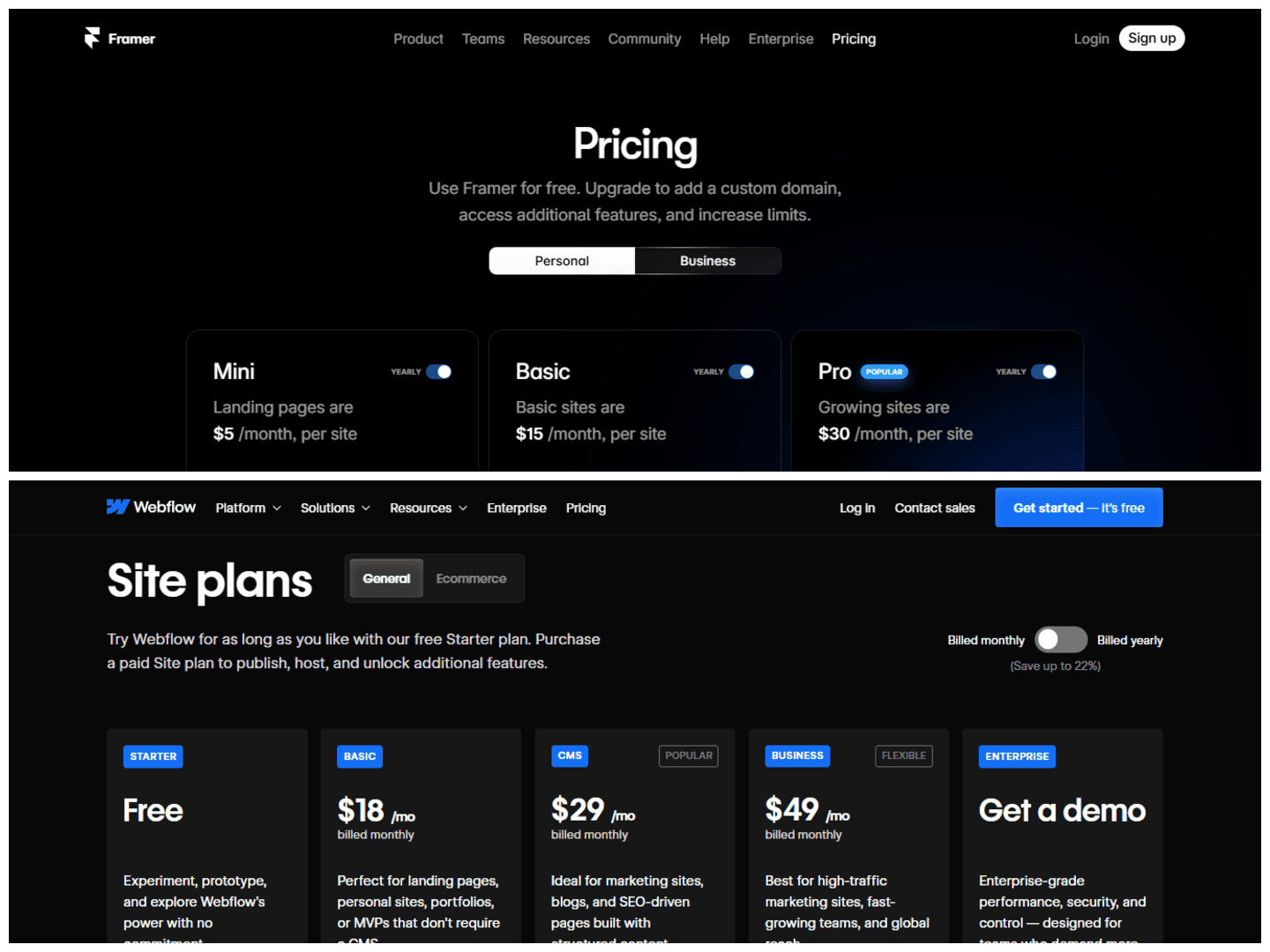 Framer and Webflow pricing systems