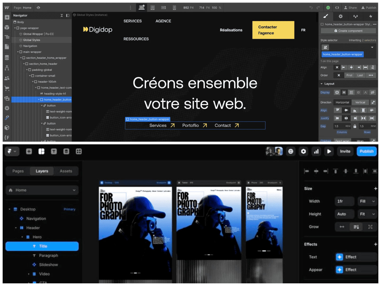 Webflow and Framer UI