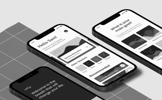 mobile ui showcase of three screens with a black & white filter