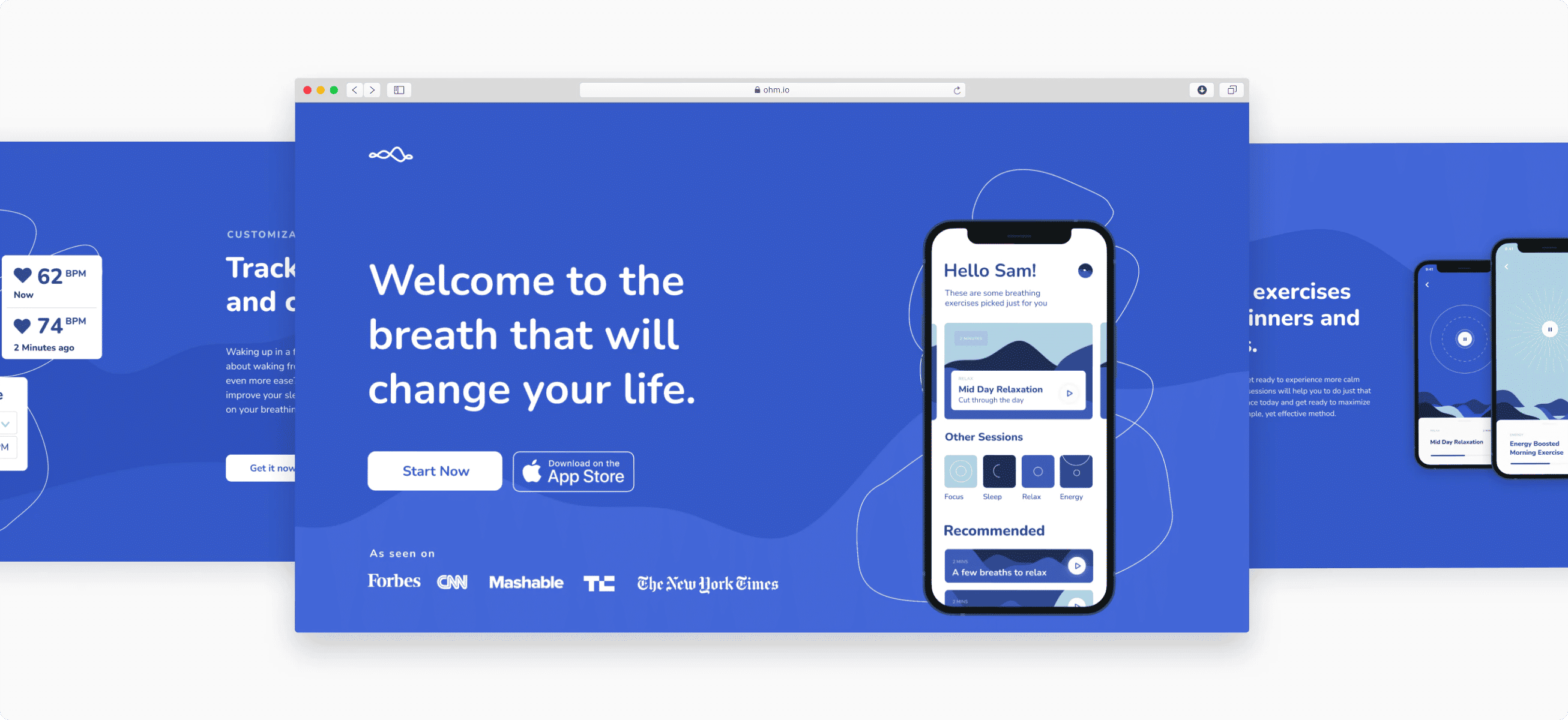 three overview slides showing breathology marketing website design