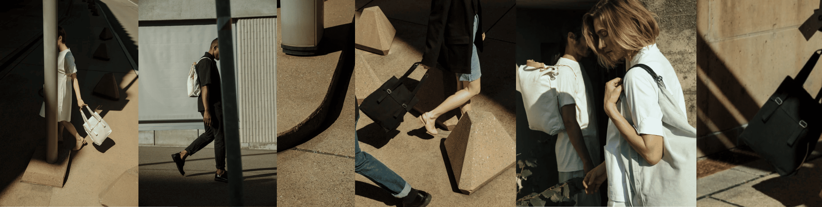 different close ups of qwstions bags and backpacks between models and aesthetic structures