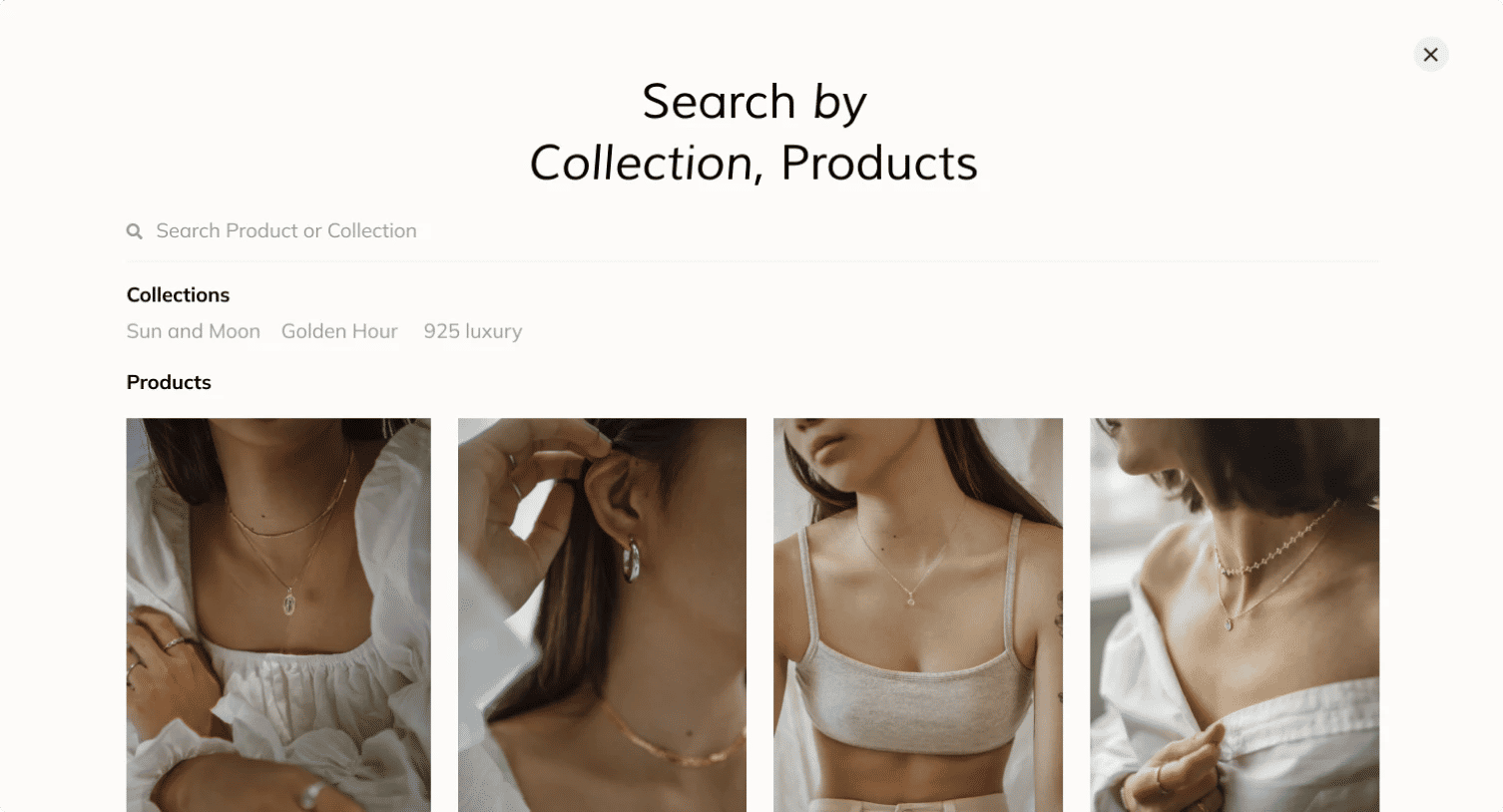 website page showing a store collection with four photos of a woman showing the brand products