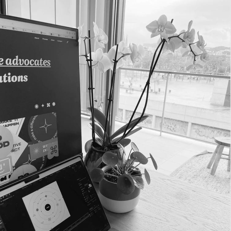 working space with plants and screens in a black & white photo