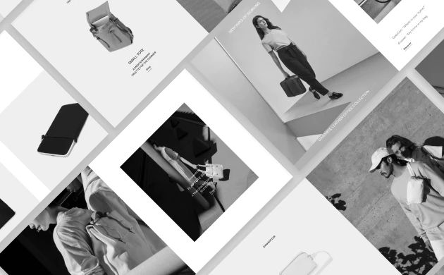 web design screens showcasing a backpack and fashion marketplace with a black & white filter