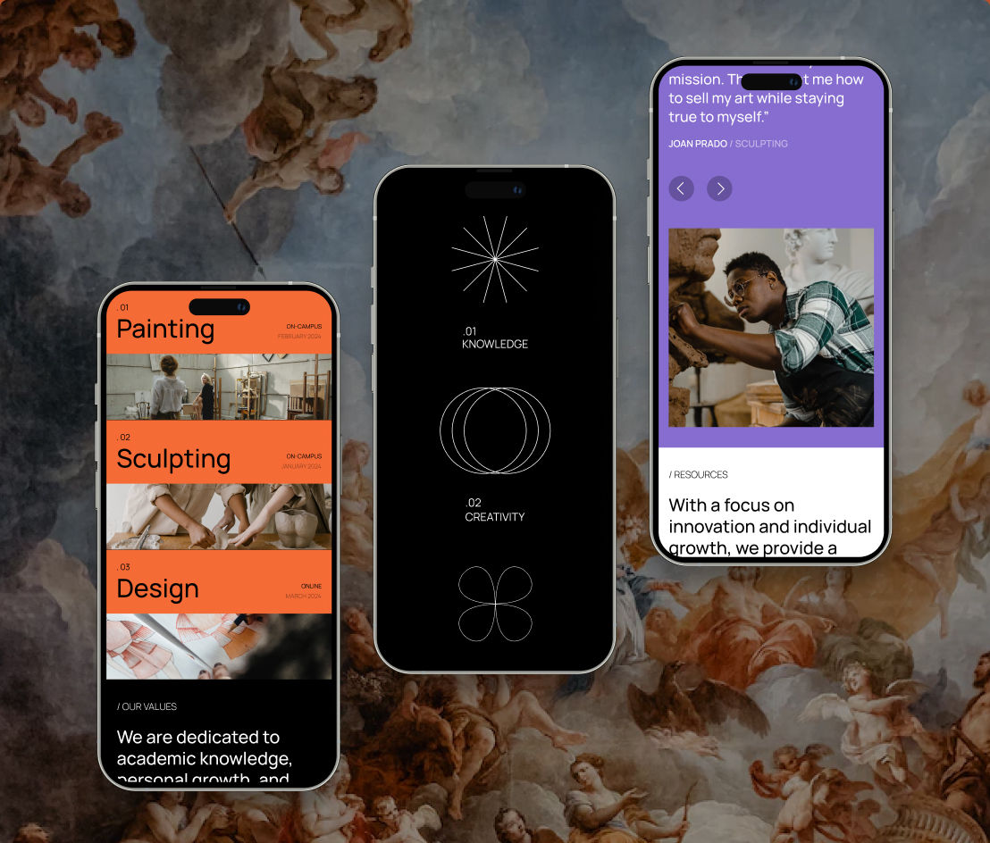 mobile views of a website for taking art classes