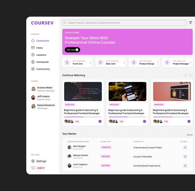 website view for a courses site for taking online classes