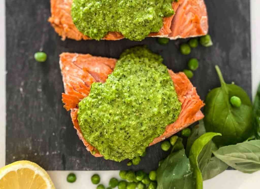 Pan Seared Salmon & Pea Basil Pesto