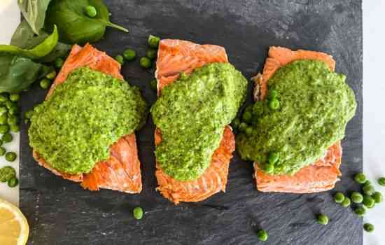 Pan Seared Salmon & Pea Basil Pesto