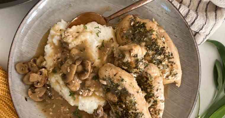 Skillet Chicken with a Mushroom Pan Sauce and Creamy Parmesan Polenta