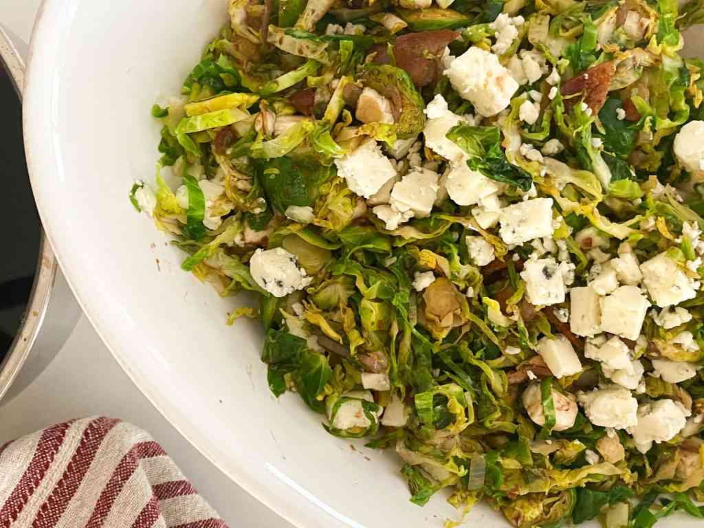Brussel Sprouts Bacon Blue Cheese Salad with a Balsamic Reduction