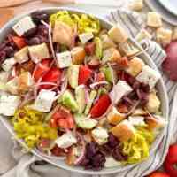 panzanella salad in a bowl on a table with a napkin, garnished with an onion, tomato and bread.