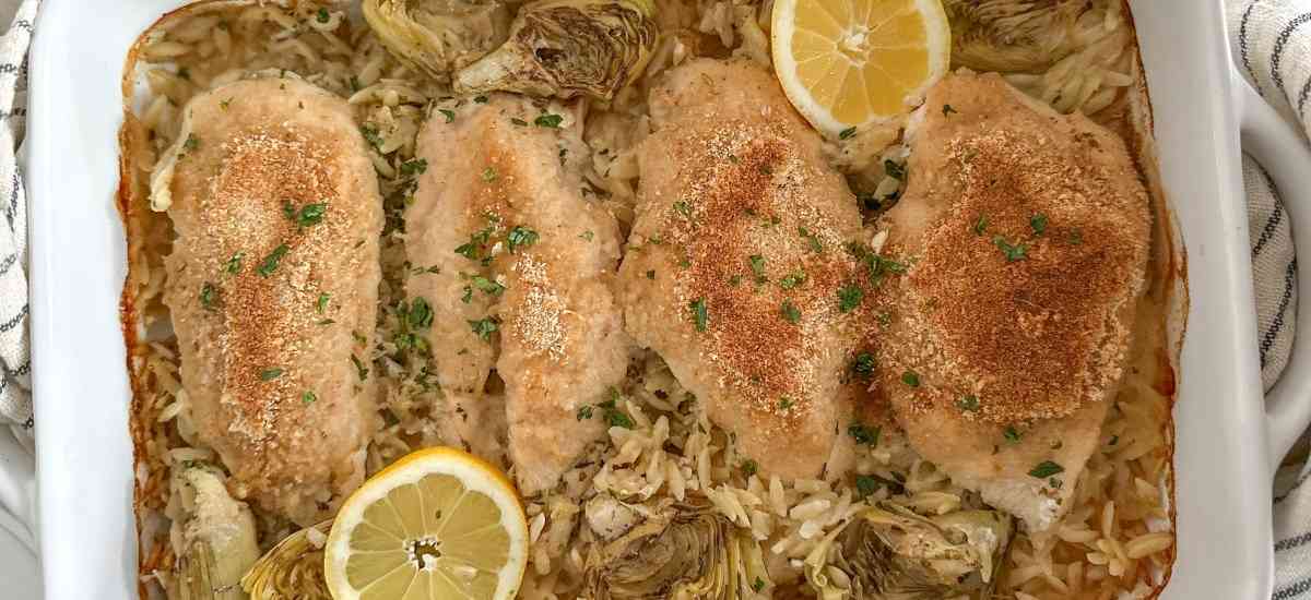 One-Pan Lemon Chicken Piccata Artichoke Orzo Bake