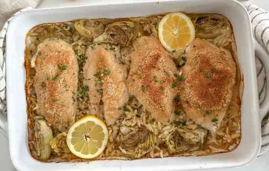 One-Pan Lemon Chicken Piccata Artichoke Orzo Bake