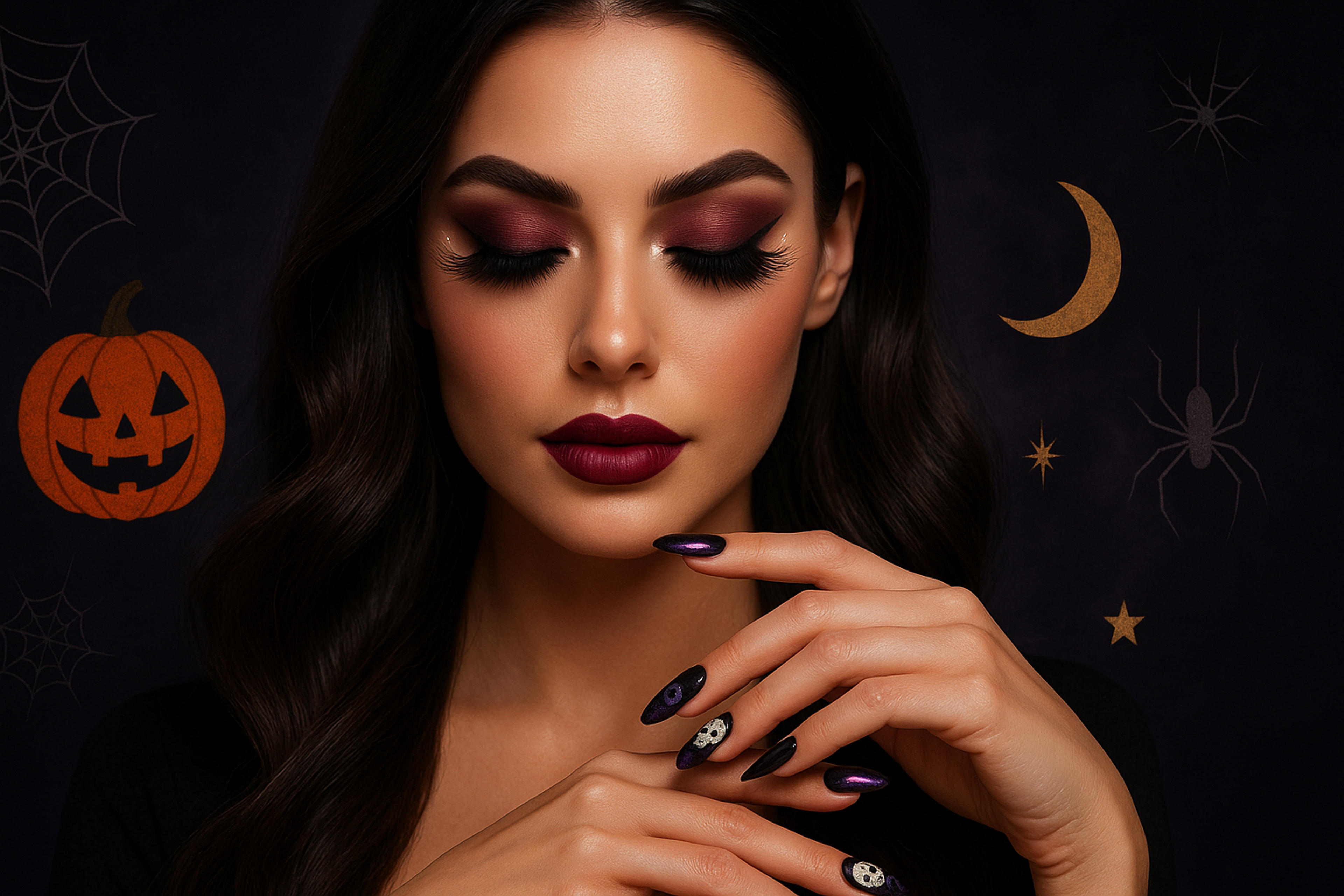 Halloween manikúra Brno 2025 s prodlouženými řasami a tvarovaným obočím - profesionální beauty look s černými nehty, fialovou a zlatými detaily