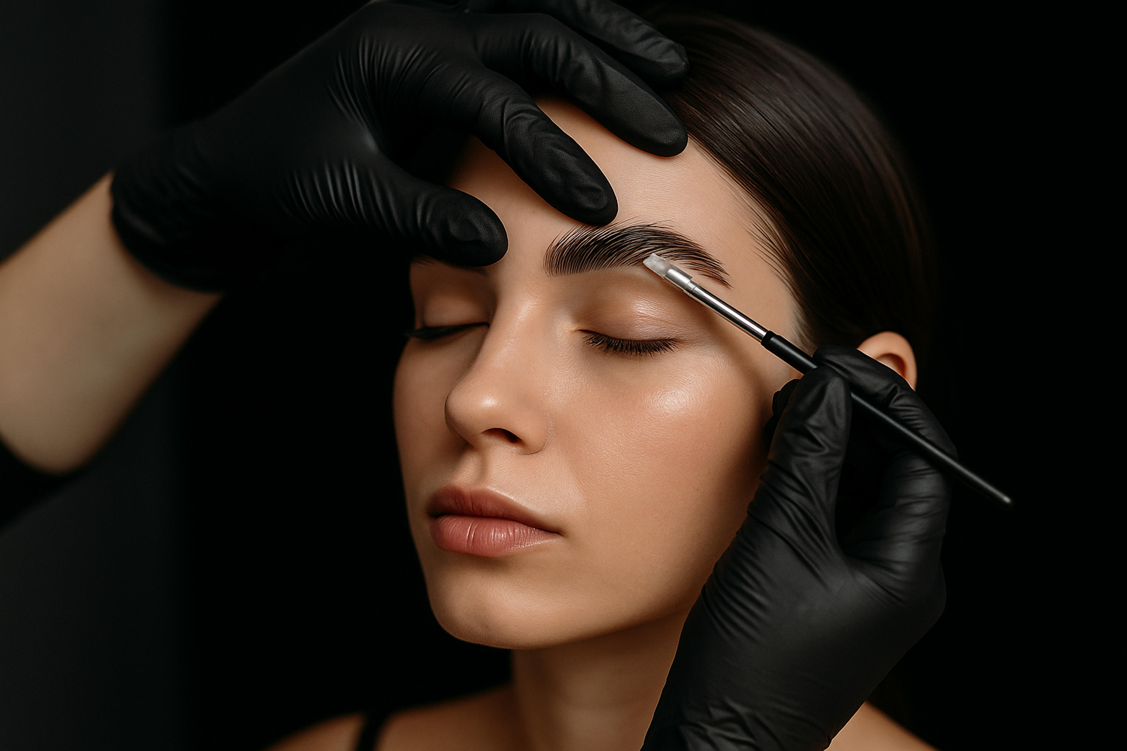 Profesionální laminace obočí v salonu – kosmetička v černých rukavicích pečlivě nanáší přípravek na obočí klientky během procedury, detailní studiová fotografie.