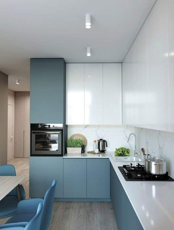 Premium Blue and White L-shaped Modular Kitchen Design