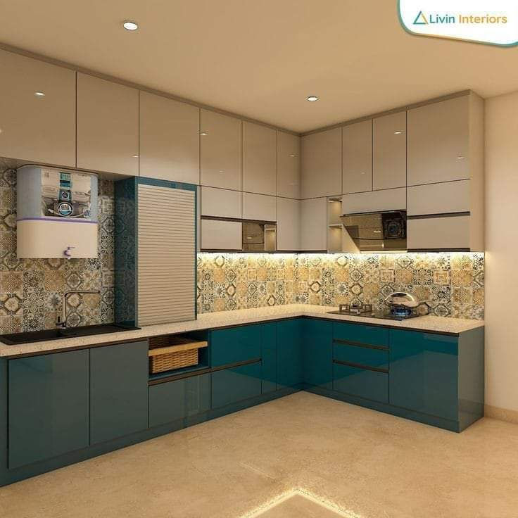 Large Size L-Shaped Kitchen with Dark Green and White Finish