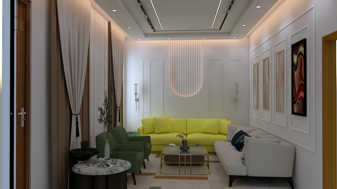 Neutral-Themed Luxurious Living Room Design by Infudcore Designs