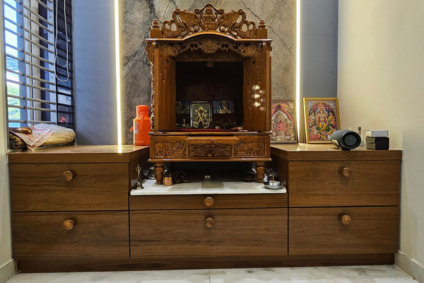 Beautiful Wooden Puja Room Design with Storage Cabinet