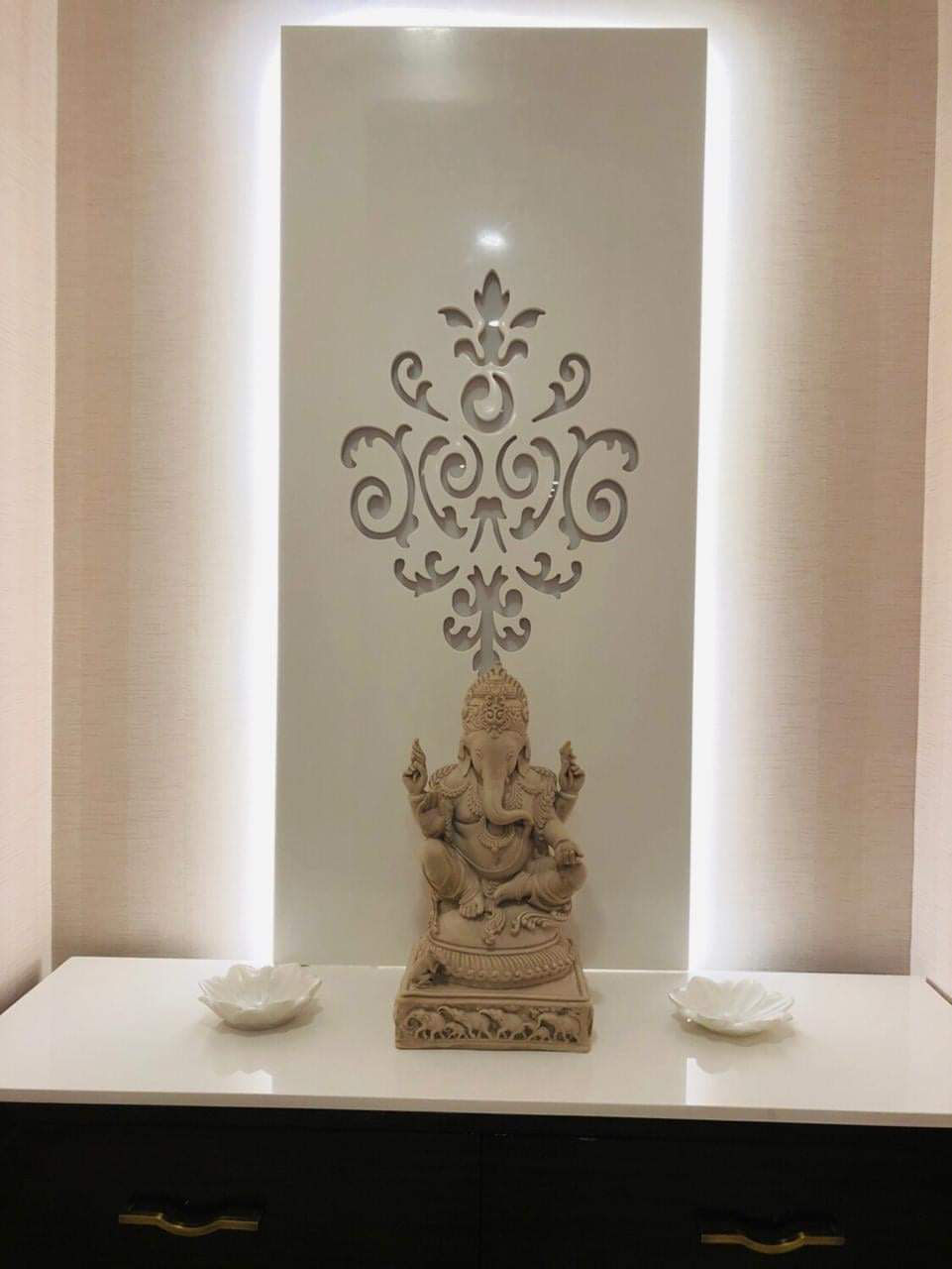Ganesh Ji Idol with White Backdrop Puja Room Design in Noida Home