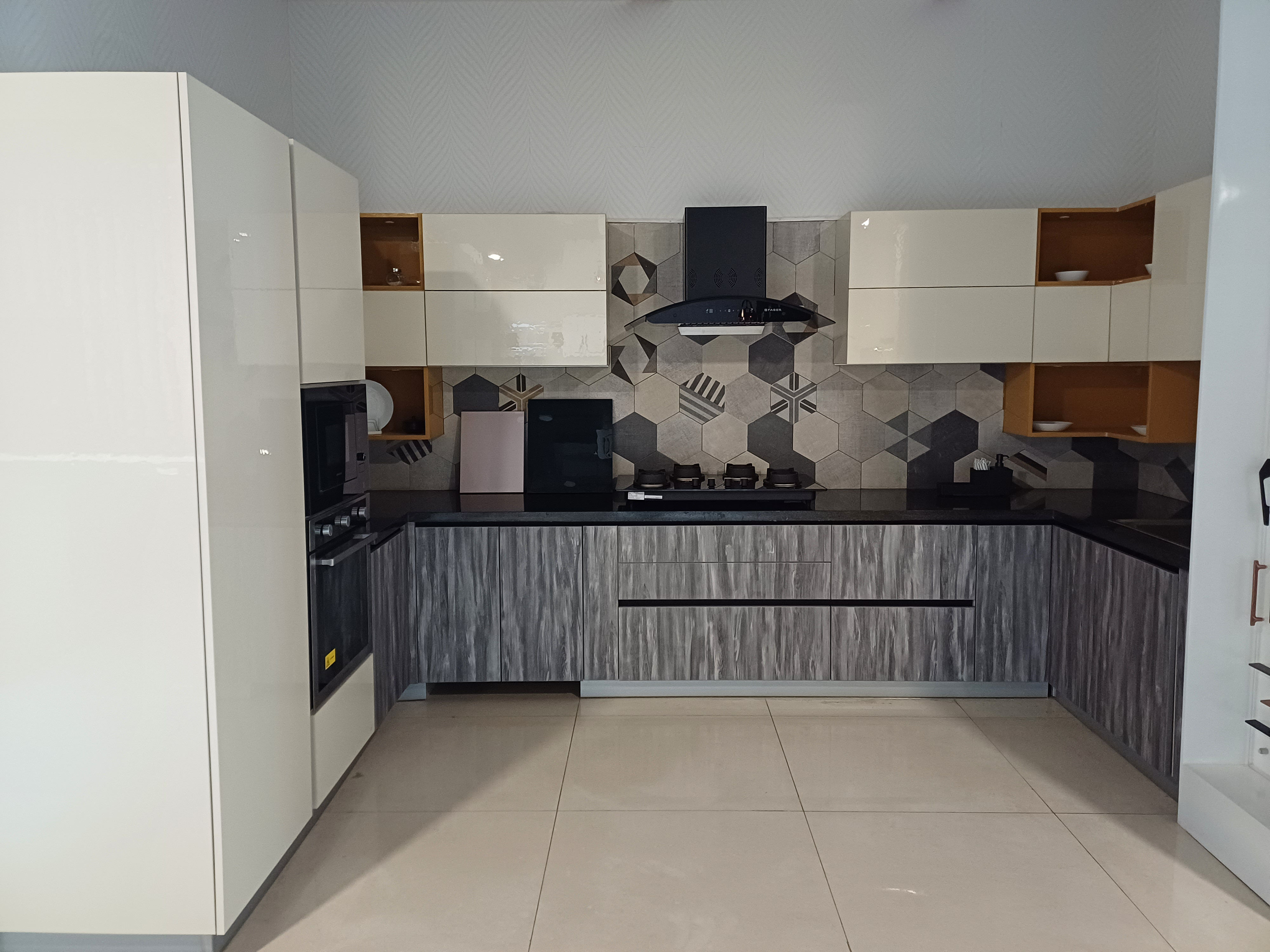 Elegant U-Shaped Modular Kitchen with Cream Cabinets, Black Granite Countertop