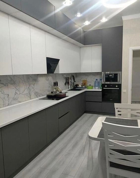 Gray and White L-shaped Modular Kitchen Design