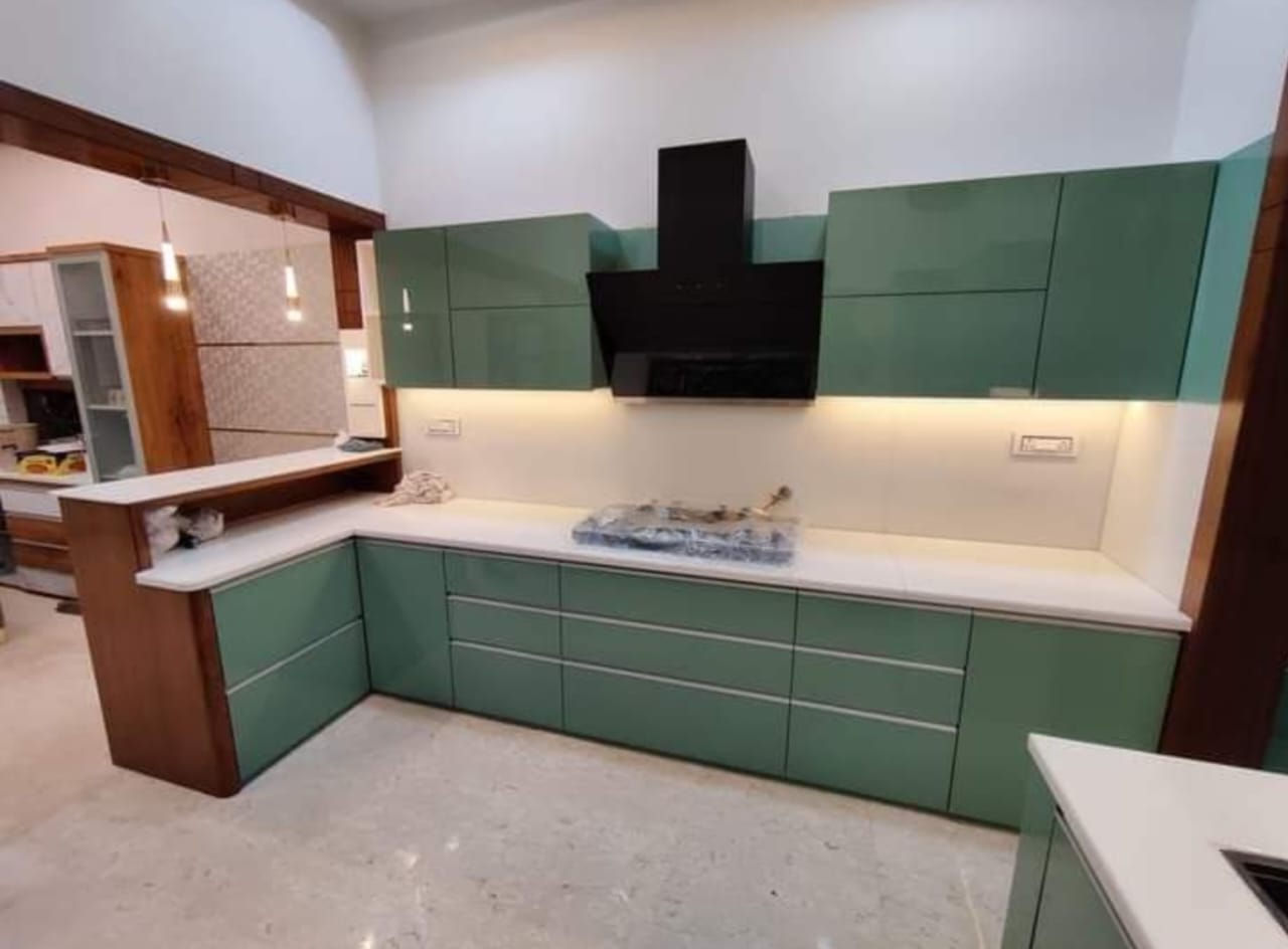 Modern L-Shaped Open Kitchen with Light Green Cabinets
