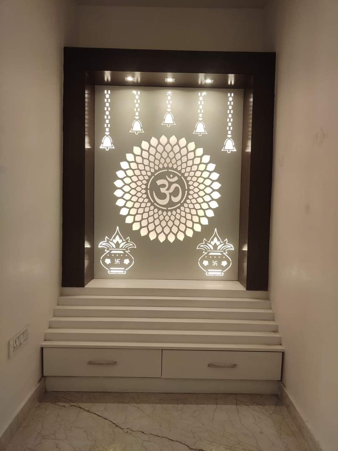 White Puja Room Design with Storage in Noida