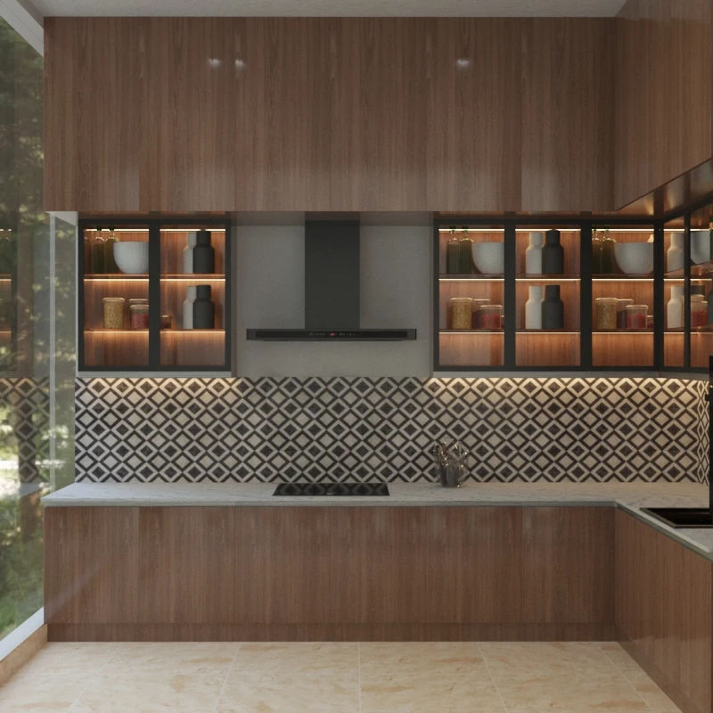Comforting Brown L-Shaped Modular Kitchen Design