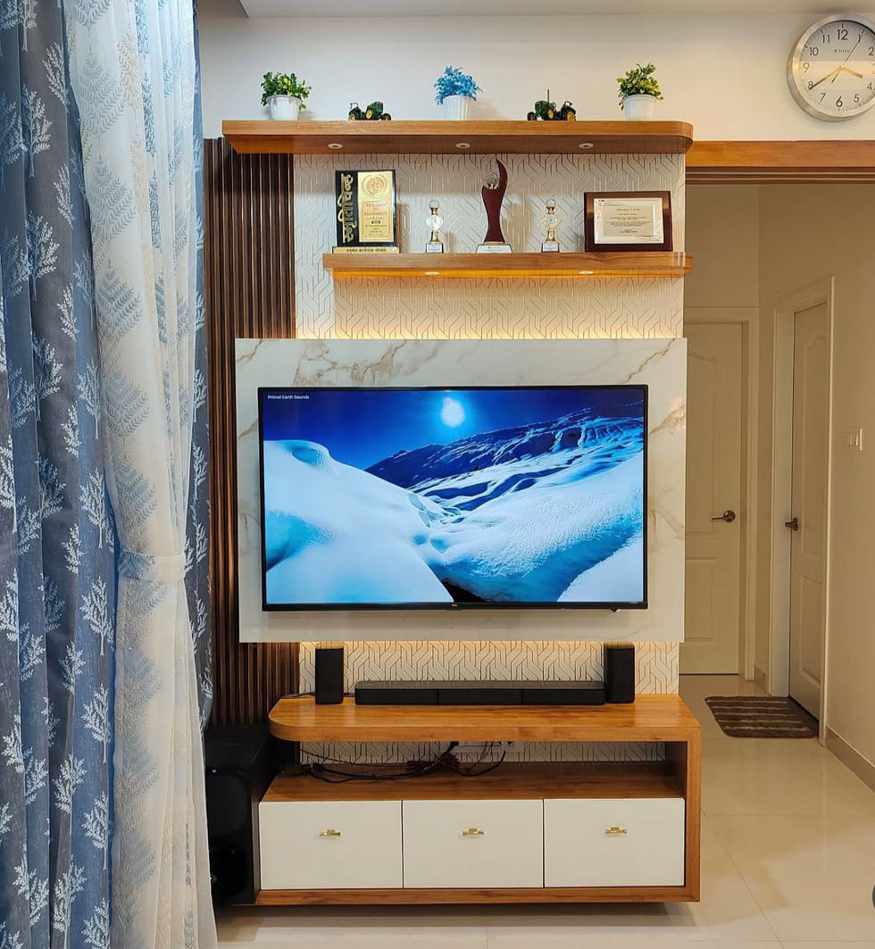 Modern TV Unit Design with White and Brown Cabinet and Ample Storage