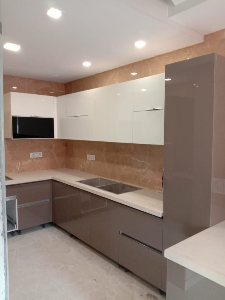 Modern L-Shaped Modular Kitchen Design in Gray and White