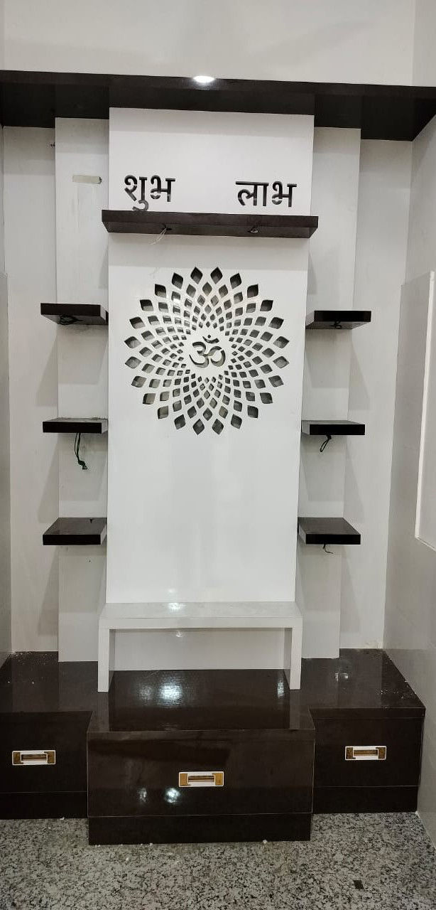 Stunning Puja Room Design with Dark Brown & White Puja Unit