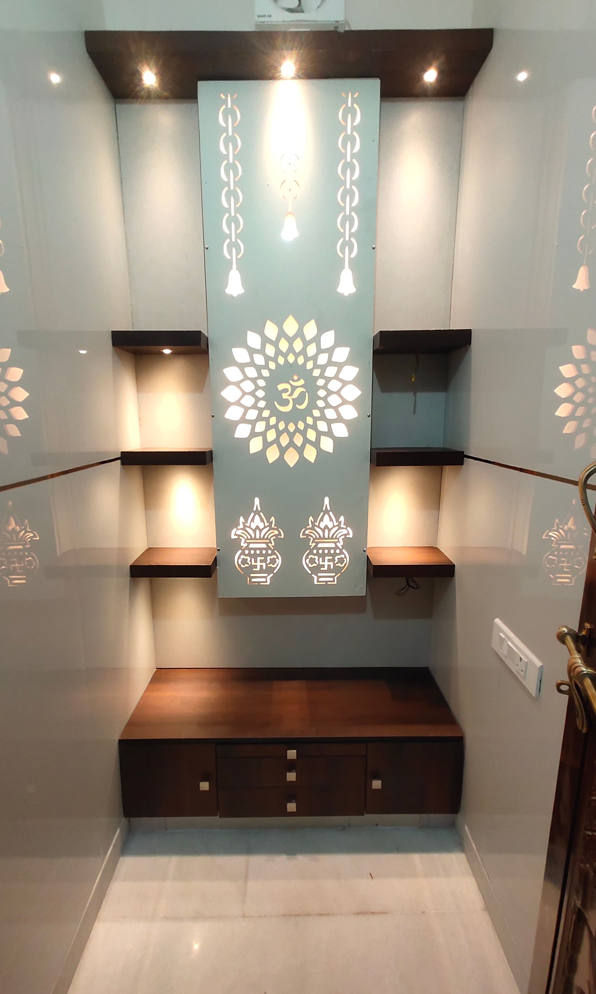 Beautiful Puja Room Design with Dark Brown & Gray Color Puja Unit