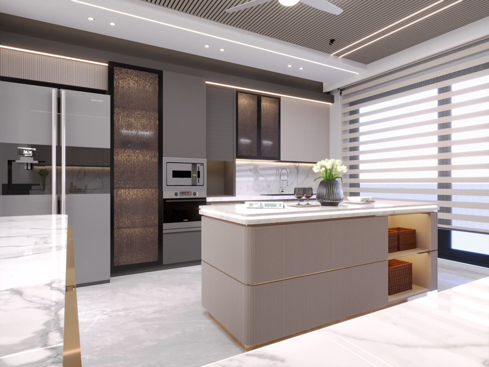 Gray Island Modular Kitchen with False Ceiling & Luxurious Window Curtains