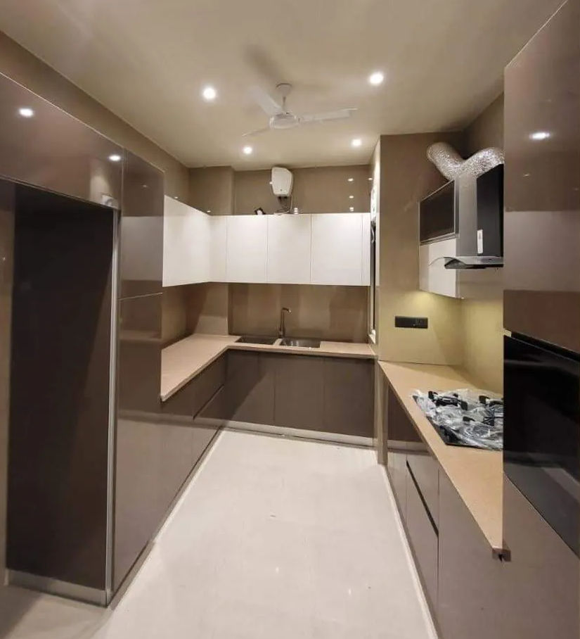U-Shaped Kitchen Design with Dark Brown Cabinets, Tan Countertop