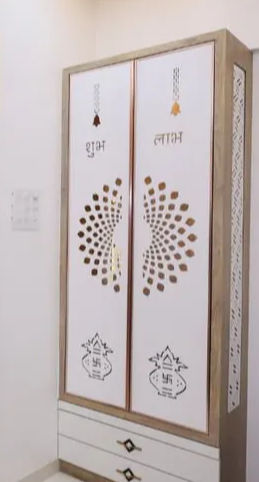 Elegant White Puja Mandir with Printed Design, Storage Cabinet