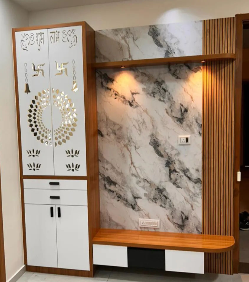 Elegant TV Unit Design With Puja Mandir