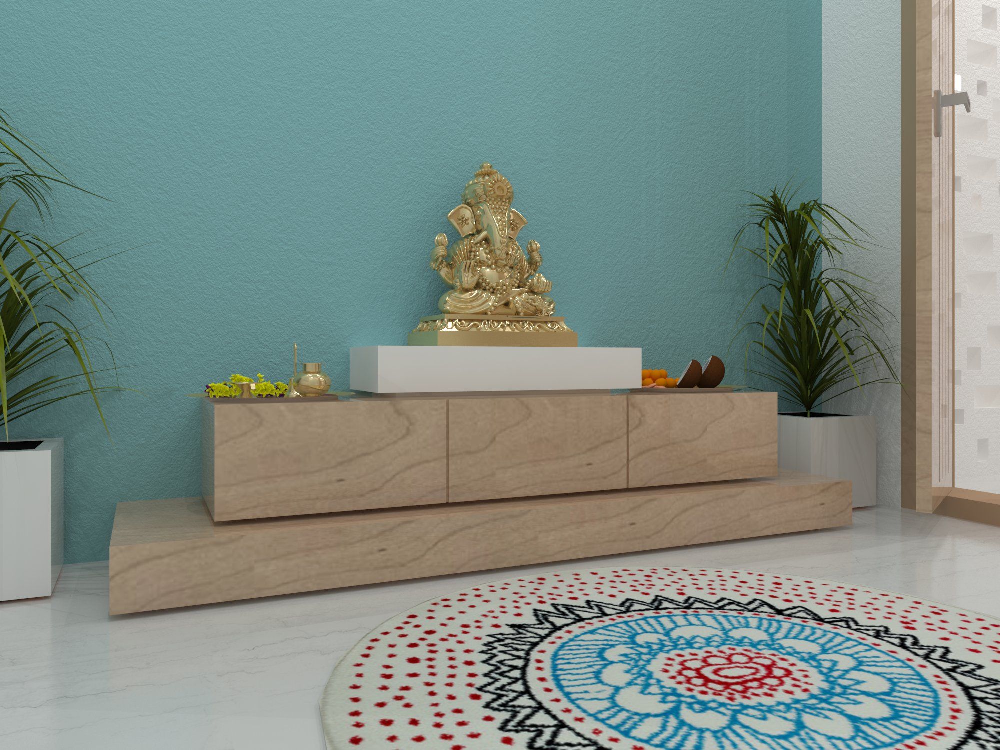 Beige Pooja Unit with Bronze Color Ganesh Ji Idol by Ravi Prakash
