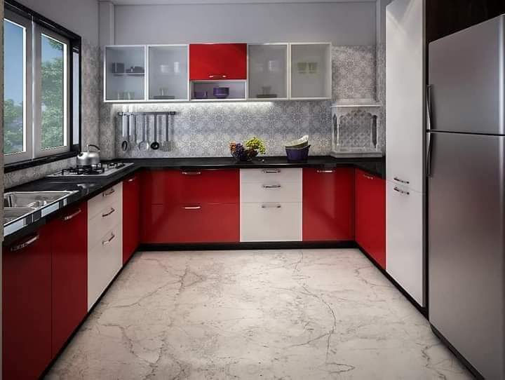 U-Shaped Modern Kitchen Design with White and Red Finish