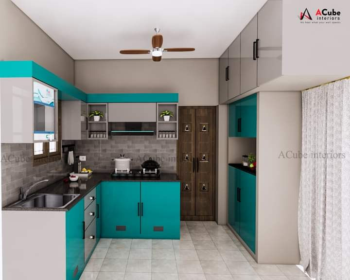 Contemporary L-Shaped Kitchen Design with Teal Green Units