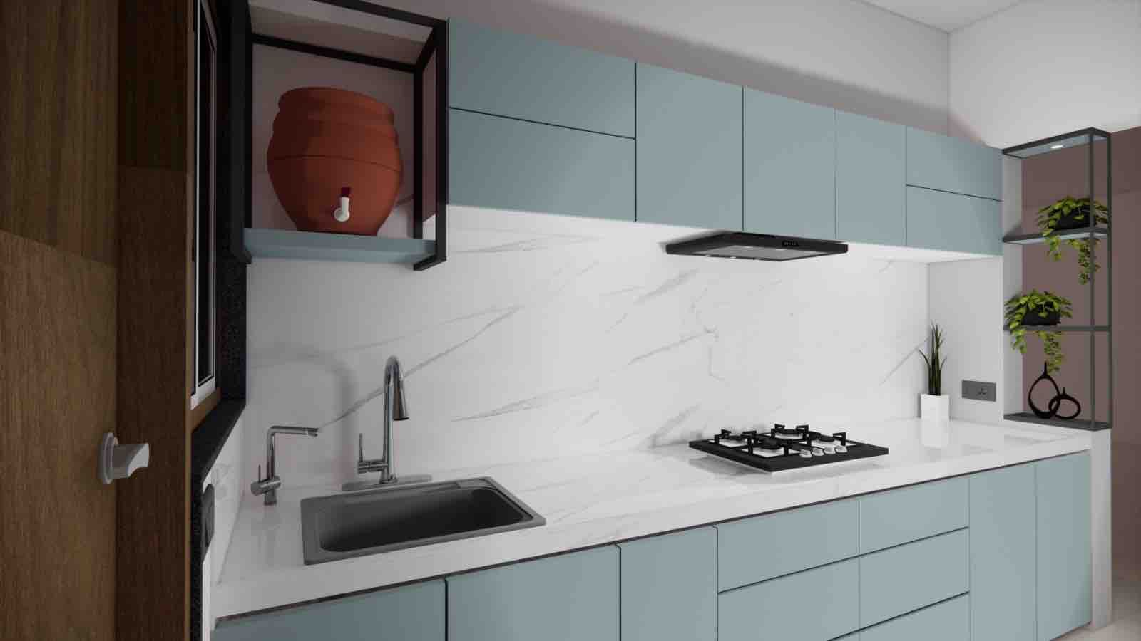 Straight Modular Kitchen with Slate Gray Cabinets and White Countertop