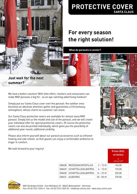 Christmas protective sleeve for MAY parasol – transforms umbrellas into festive eye-catchers in winter, provides protection, advertising impact, and creates an atmospheric ambiance in gastronomy and retail.